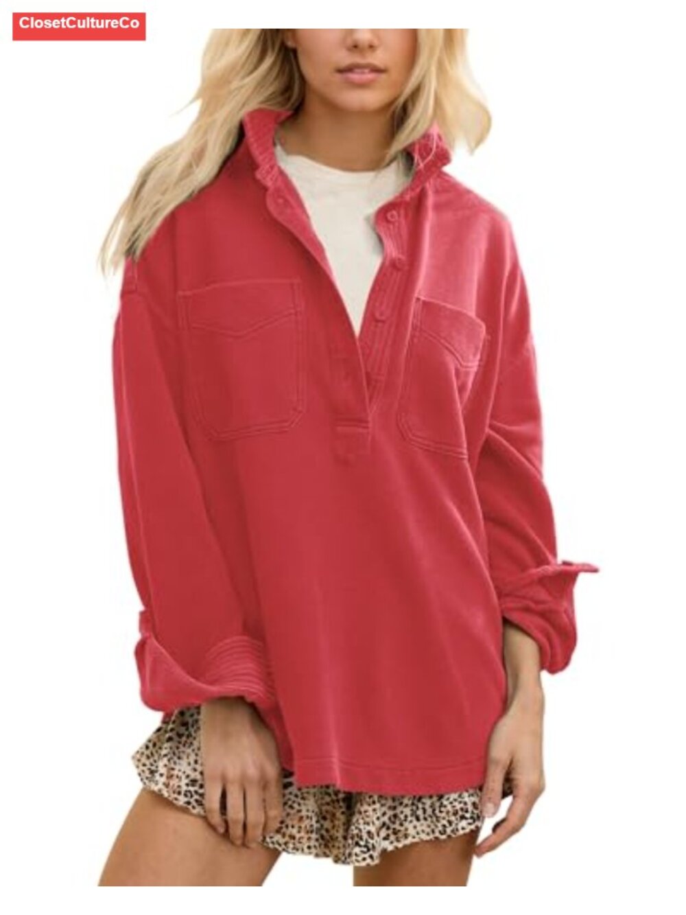Oversized Cotton Blend Polo Neck Split Pullover Sweatshirt